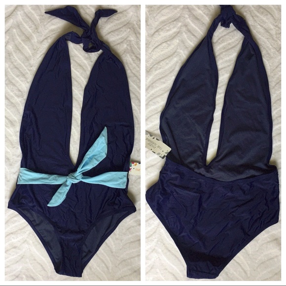 🛍 One-piece Navy Swimsuit Deep V Blue Tie - Picture 9 of 9